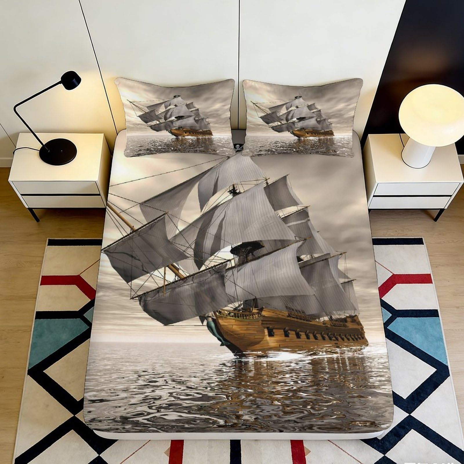 3D Printed Vintage Pirate Ship Fitted Sheet Microfiber Soft Bed Cover Nautical Ocean Decor Mattress Protection 90x200x25cm