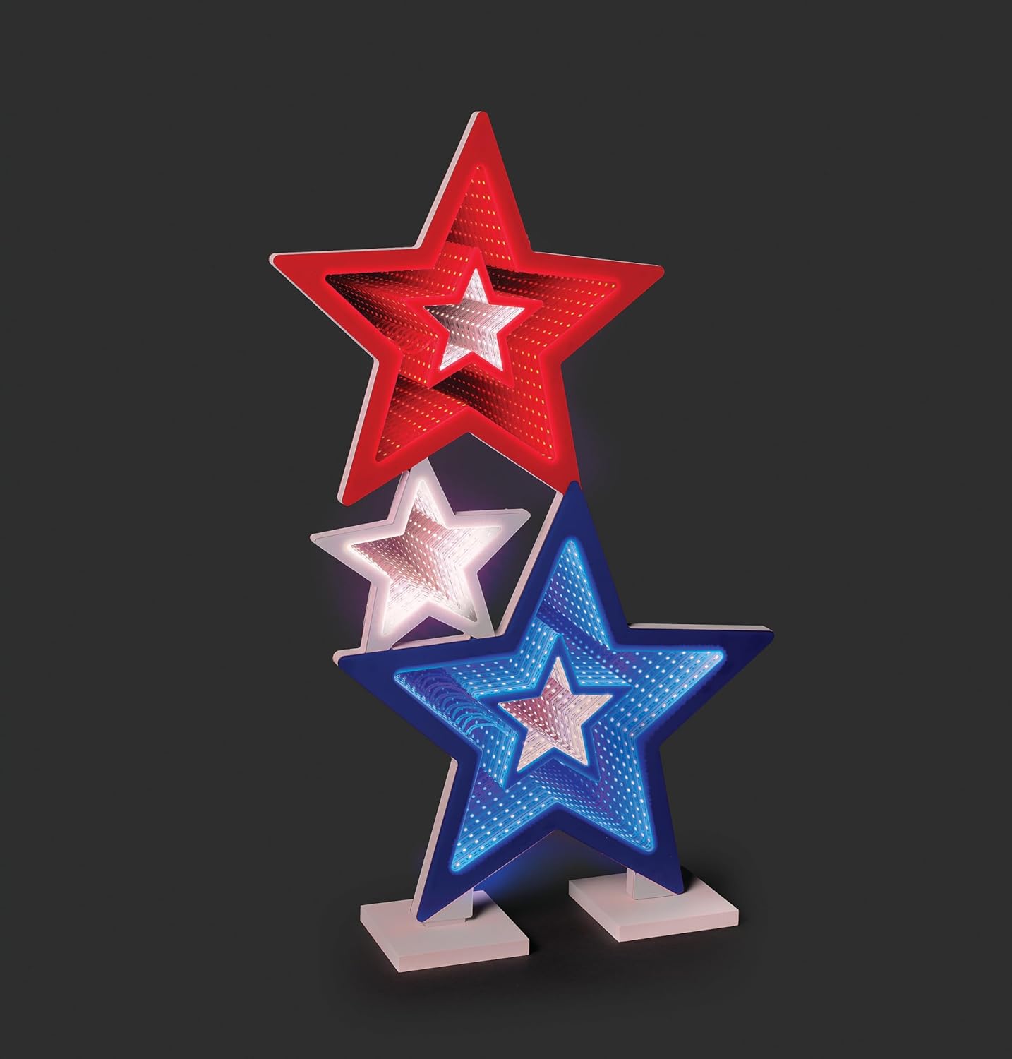 Roman 23.5" LED Patriotic 3 Stars Eternity Light, Infinity Mirror Red White & Blue Star Table Decor, Indoor Americana Accent