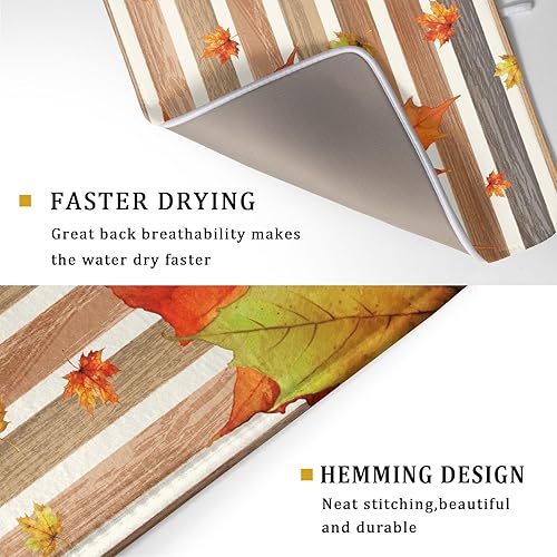 Miniatura 3 de Tapete de secado de platos de hojas de arce dorado otoñal para encimera de cocina, tapete de secado de platos de madera rural con rayas marrón