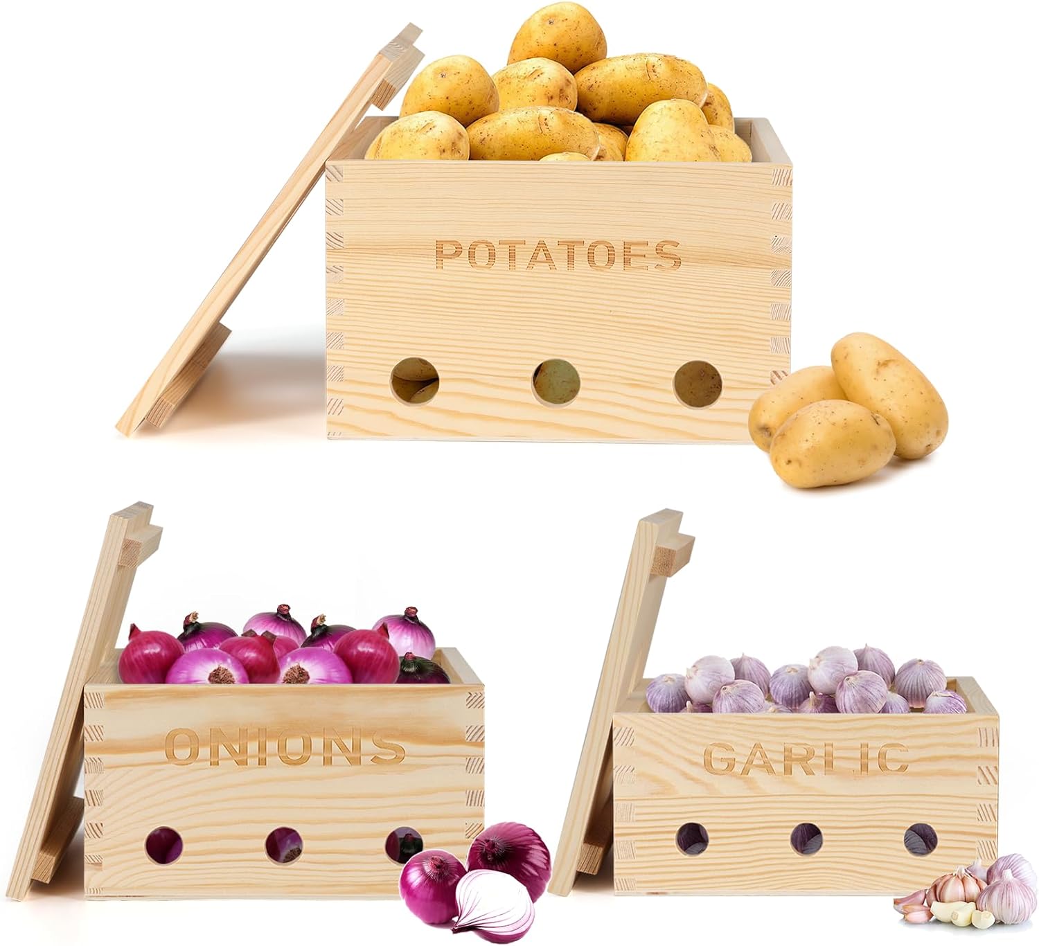 Dolltobe Vegetable Wooden Storage Bins, 3 PCS Potato Onion