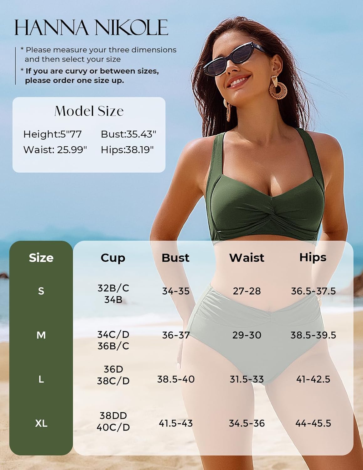 Hanna Nikole Women's High Waisted Bikini Sets, Tummy Control 2 Piece Swimsuits, Full Coverage Knot Front Bathing Suit