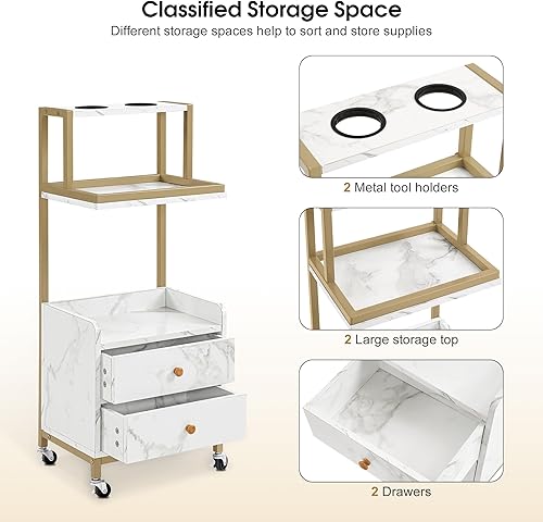 Miniatura 3 de BarberPub Carrito de salón con ruedas, carrito de peluquero con cajones, tablero de mármol para salón de belleza, marco de metal, portaherramientas