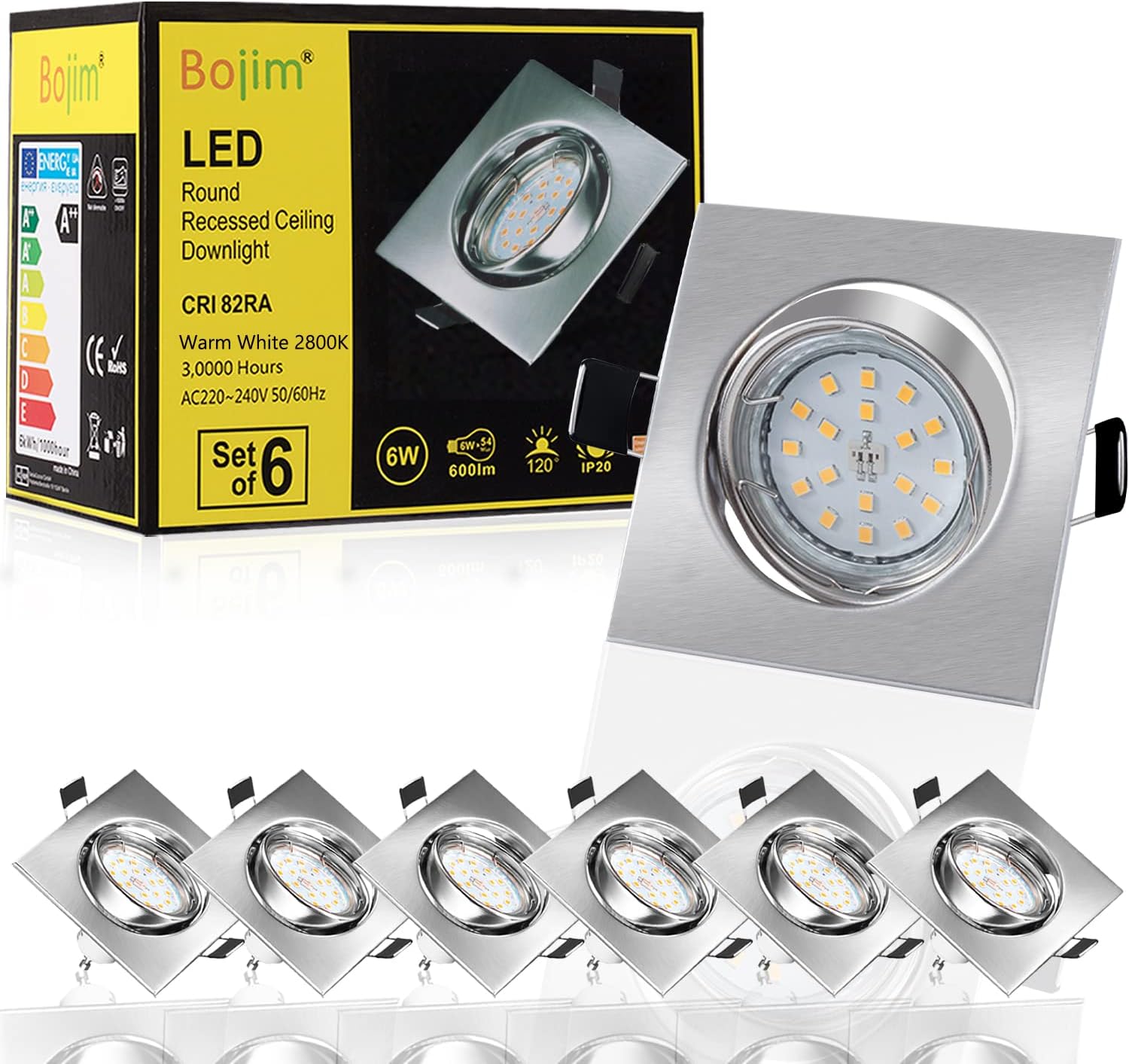 LED Recessed Ceiling Lights Square, Bojim 6X GU10 Adjustable Downlights for Ceiing 6W = 54W Cool White 4500K 600lm 82Ra IP20 Spot Lights for Living Room Bedroom Kitchen (LED Bulbs Included) [Energy Class E]