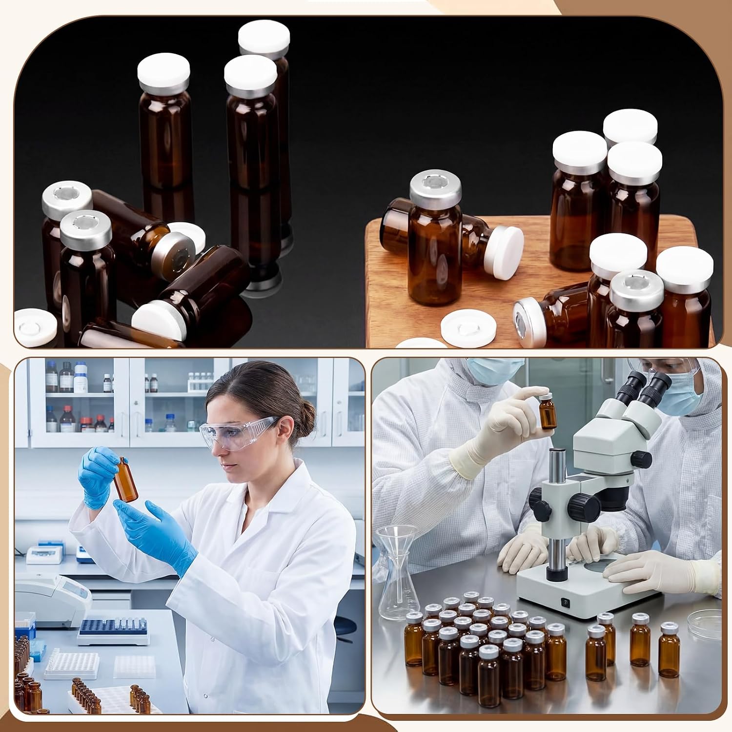 50 Pcs 10ml Sealed Empty Vials with Self Healing Injection Port Amber Clear Glass Empty Vials with Sealing Plastic Aluminum Flip Cap Injection Vial for Flat Bottom Lab(White Lid)