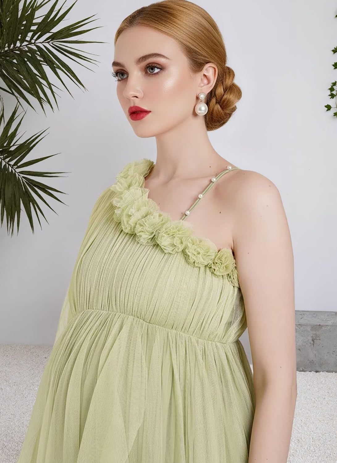 3D Flower Tulle Maternity Dresses for Photoshoot with One Shoulder Baby Shower Dress Pregnancy Gown