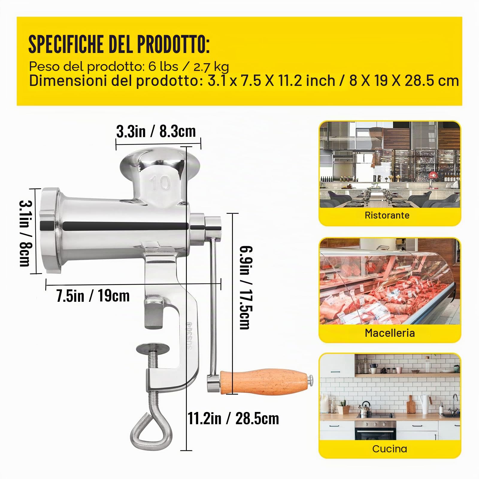 VEVOR Tritacarne Manuale per Impieghi Gravosi, Tritacarne in Acciaio Inossidabile 304 Diametro 8/8,3 cm, Uso per Macinazione di Verdure, Noci, Carne di Maiale, Manzo, Pollo, Pepe, Aglio, Arachidi, ecc