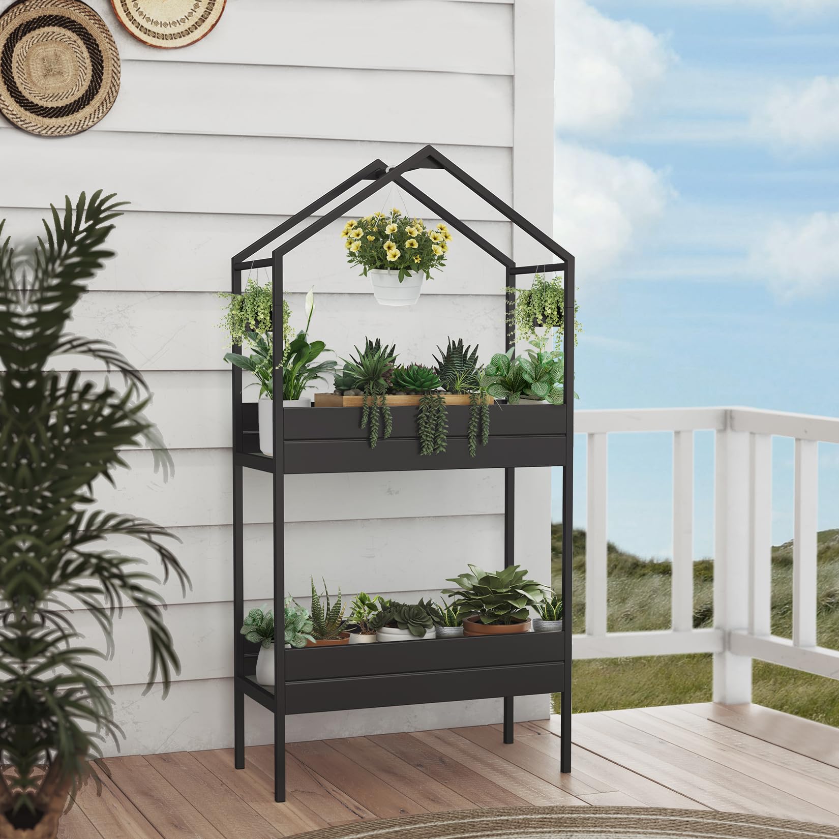 Grand patio Plant Stand Outdoor, 2 Tier Metal Plant Stand, 59" Tall Plant Shelf for Indoor Plant Holder, House-shaped Plant Rack for Living Room Patio