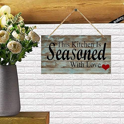 Miniatura 2 de Sobzy Letrero decorativo de madera rústica con texto en inglés This Kitchen Is Seasoned With Love  Cartel de pared de 5.9 x 11.8 pulgadas