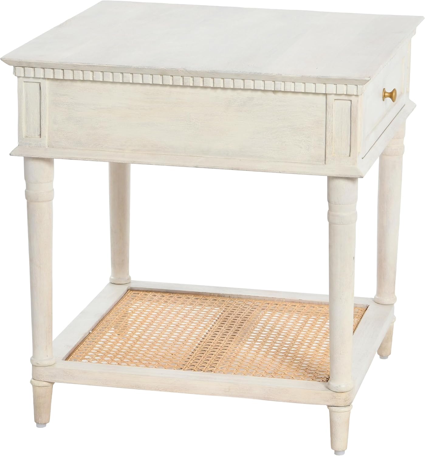 Creative Co-Op Maxwelton Solid Wood End Table with Drawer and Woven Cane Storage Shelf, Distressed White and Natural