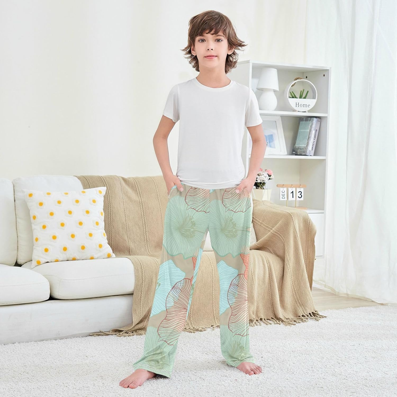 J JOYSAY Floral Hibiscus Blossom Beige Pajamas Pants Soft Long Pajama Bottoms Lounge Sleep Pants Size S-XL