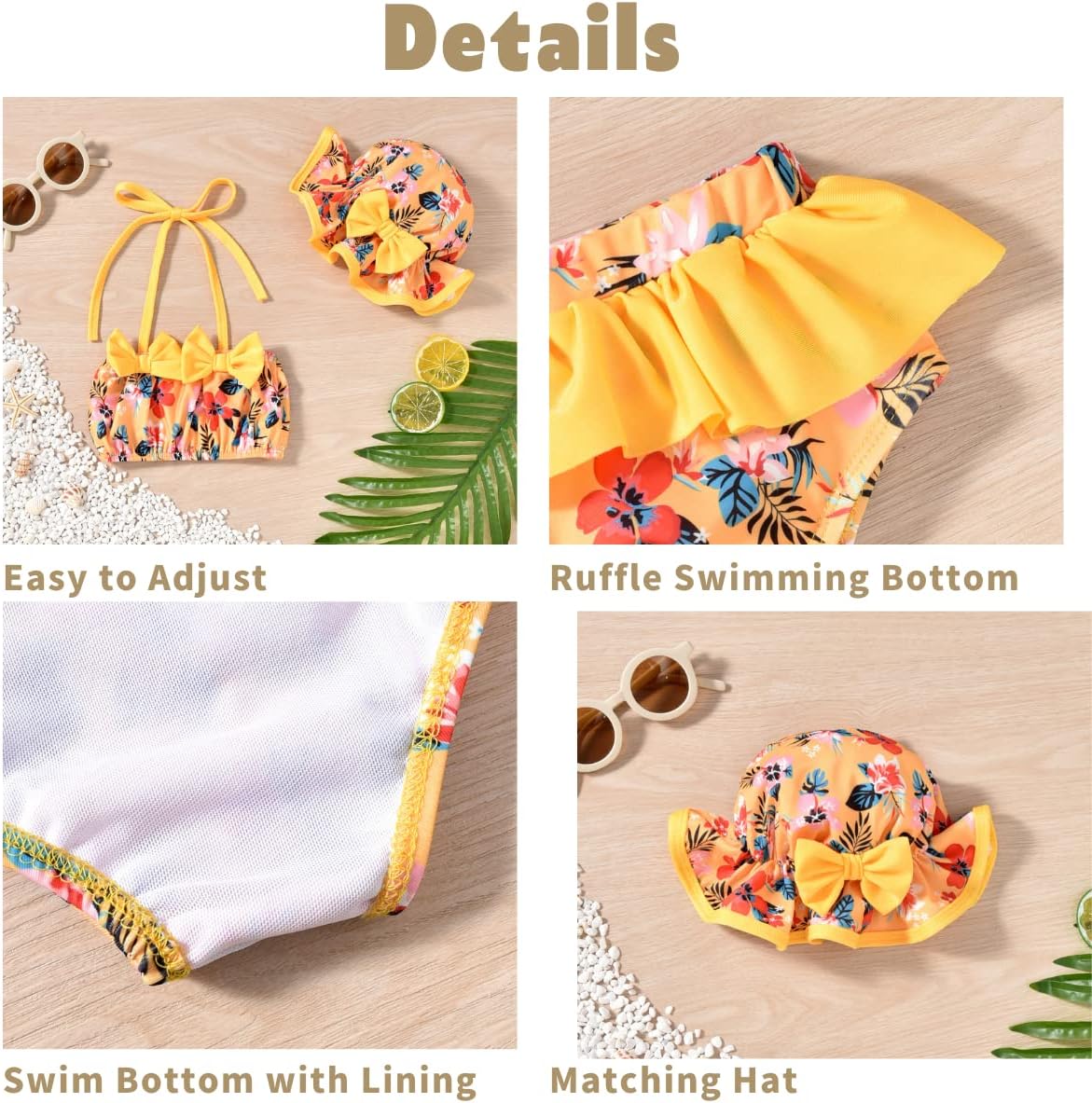 Aalizzwell Toddler Baby Girls 3 Piece Bikini Set Bathing Suit with Hat - Image 5