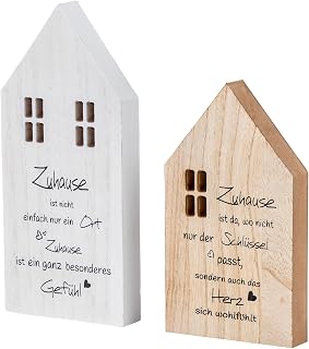 levandeo Juego de 2 soportes decorativos para casas, madera MDF natural, color blanco, decoración de mesa, regalo, decoración del hogar, felicidad
