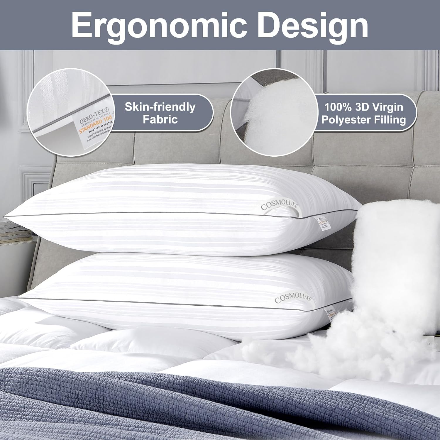 Cosmoluxe Hotel Collection King Pillows 2 Pack, Down Alternative Pillows 2 Pack for Back and Side Sleepers, 20 x 36 Inches