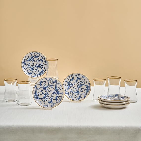 KARACA Mare Turkish Tea Set for 6 People 12 Piece Glass Tea Glasses & Saucers Set, 170 ml Clear Traditional Turkish Tea Cups, Elegant Tea Service