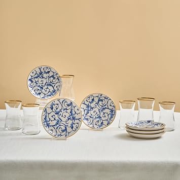 KARACA Mare Turkish Tea Set for 6 People 12 Piece Glass Tea Glasses & Saucers Set, 170 ml Clear Traditional Turkish Tea Cups, Elegant Tea Service