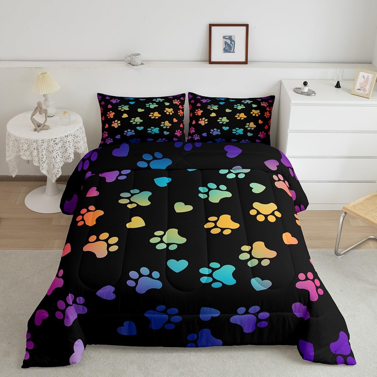 Manfei Dog Paw Print Kids Comforter Set Full Size,Animal Pet Neon Bedding Set,Girls Boys Adults Home Bedroom Decor,Puppy Kawaii Cartoon Down Comforter,Colorful Rainbow Duvet Insert,3pcs,2 Pillowcases