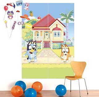 Amscan Bluey Scene-Setter-Set (4 Teile) & 12 Fotorequisiten Papier - 141,2 cm x 203,6 cm - Party-Deko-Set mit Fotohintergrund & Accessoires - Fotowand für Kindergeburtstag & Mottoparty