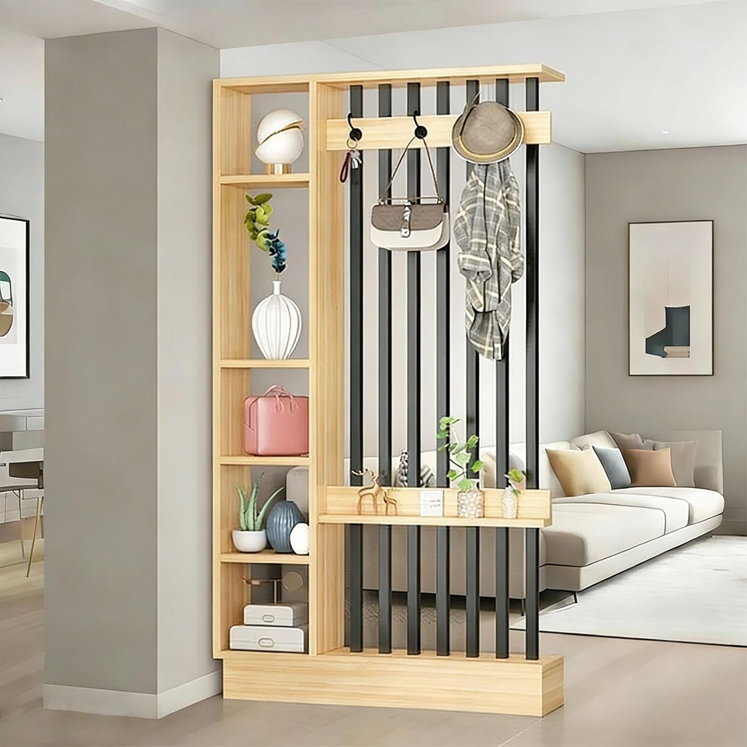 Wall Room Divider, Screen Column Floor to Ceiling Modern Freestanding Wood Room Divider Screen with Coat Rack Cabinet and Display Shelf for Home Office Decorative,Natural+Black,L39“×W12”×H79