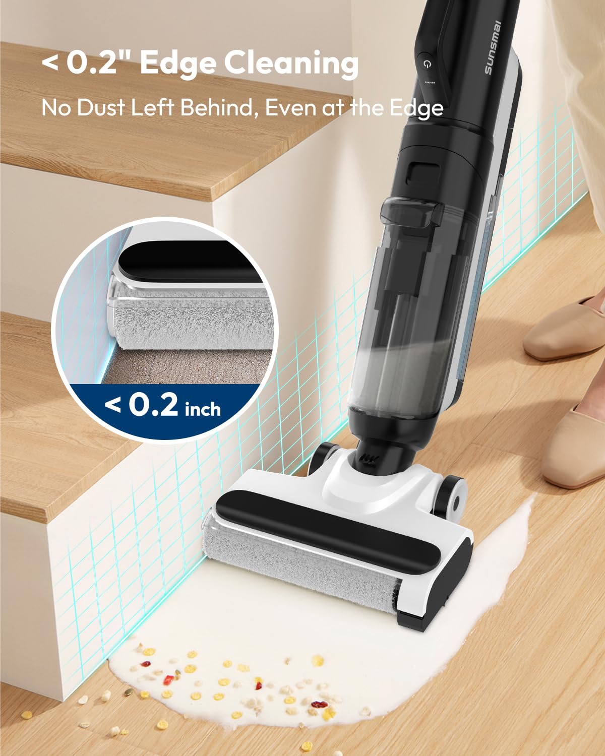 A child easily pushing the lightweight, self-propelled vacuum cleaner, highlighting its quiet operation at 75dB and 8.2lb weight.