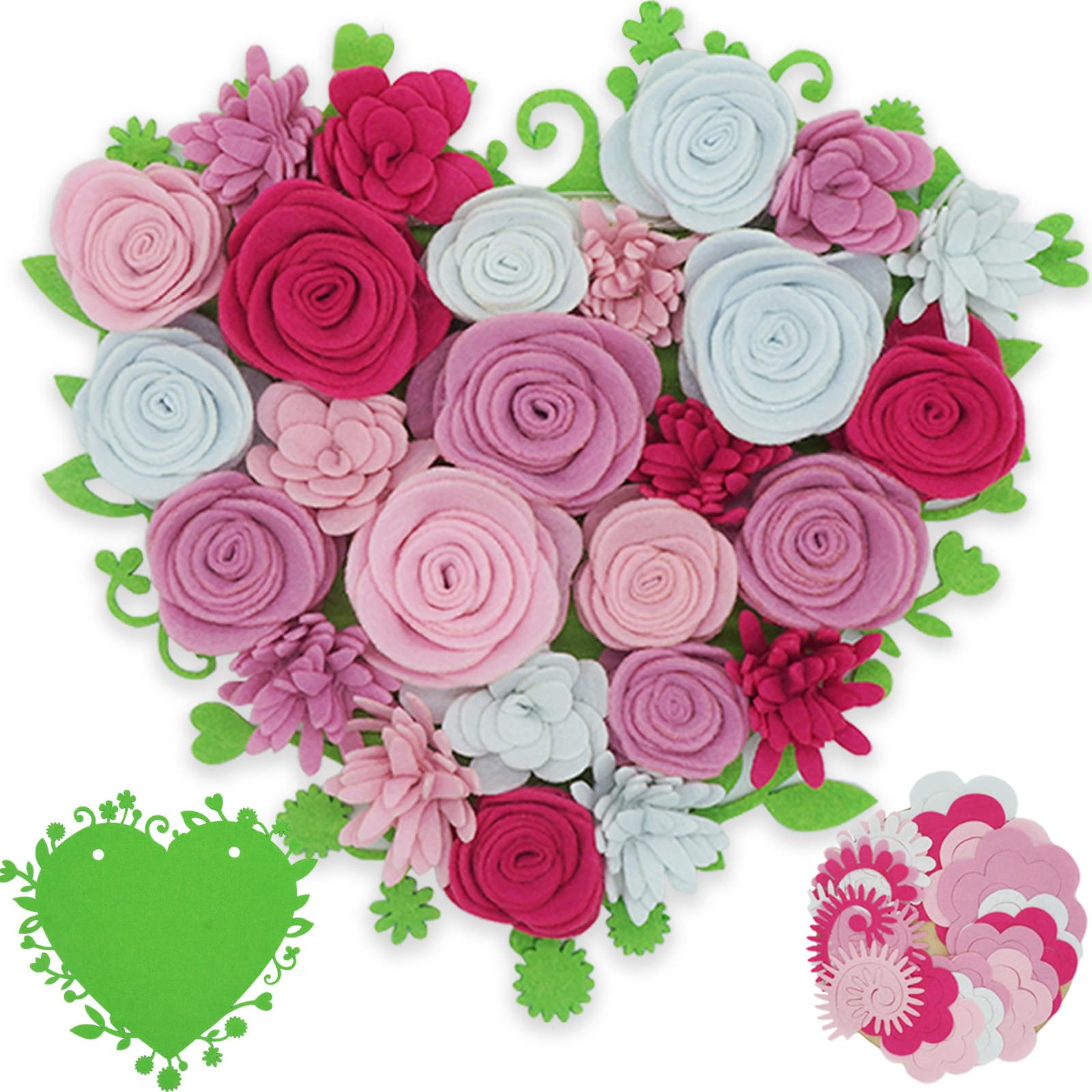 BAZIMA Felt Flowers and Succulents Kit, DIY Heart Wreaths Kit, Arrange Pre-Cut 24 Felt Flowers and Succulents (Cordate)