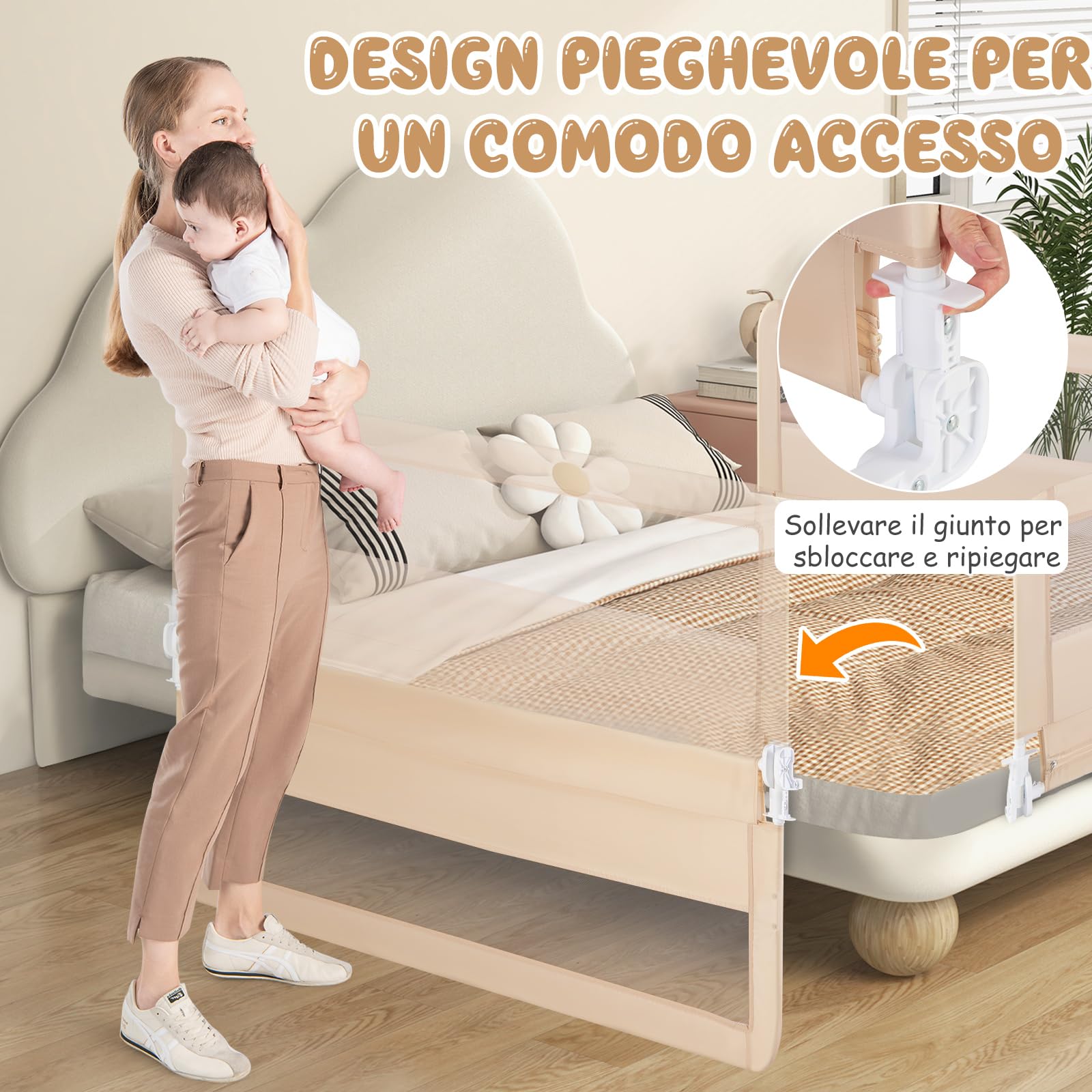 RELAX4LIFE Sponda Letto per Bambini 180 cm/150 cm, Barriera di Sicurezza, Traspirante e Pieghevole, Sbarra Letto per Letti Singoli e Matrimoniali (Beige, 150 x 41 x 55 cm)