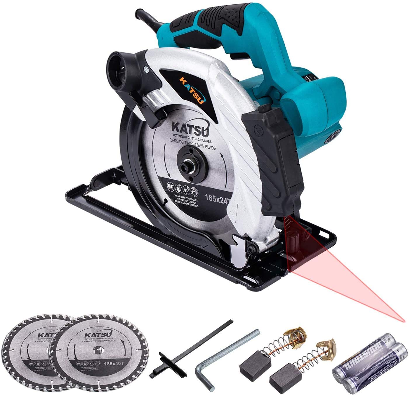 KATSU Sega Circolare 185mm 1600W con Guida Laser e 2 Lame 24T+ 40T, Taglio Massima 65mm (90°) e 45mm (45°), per la Lavorazione del Legno Morbido Metallo e Taglio di Plastica