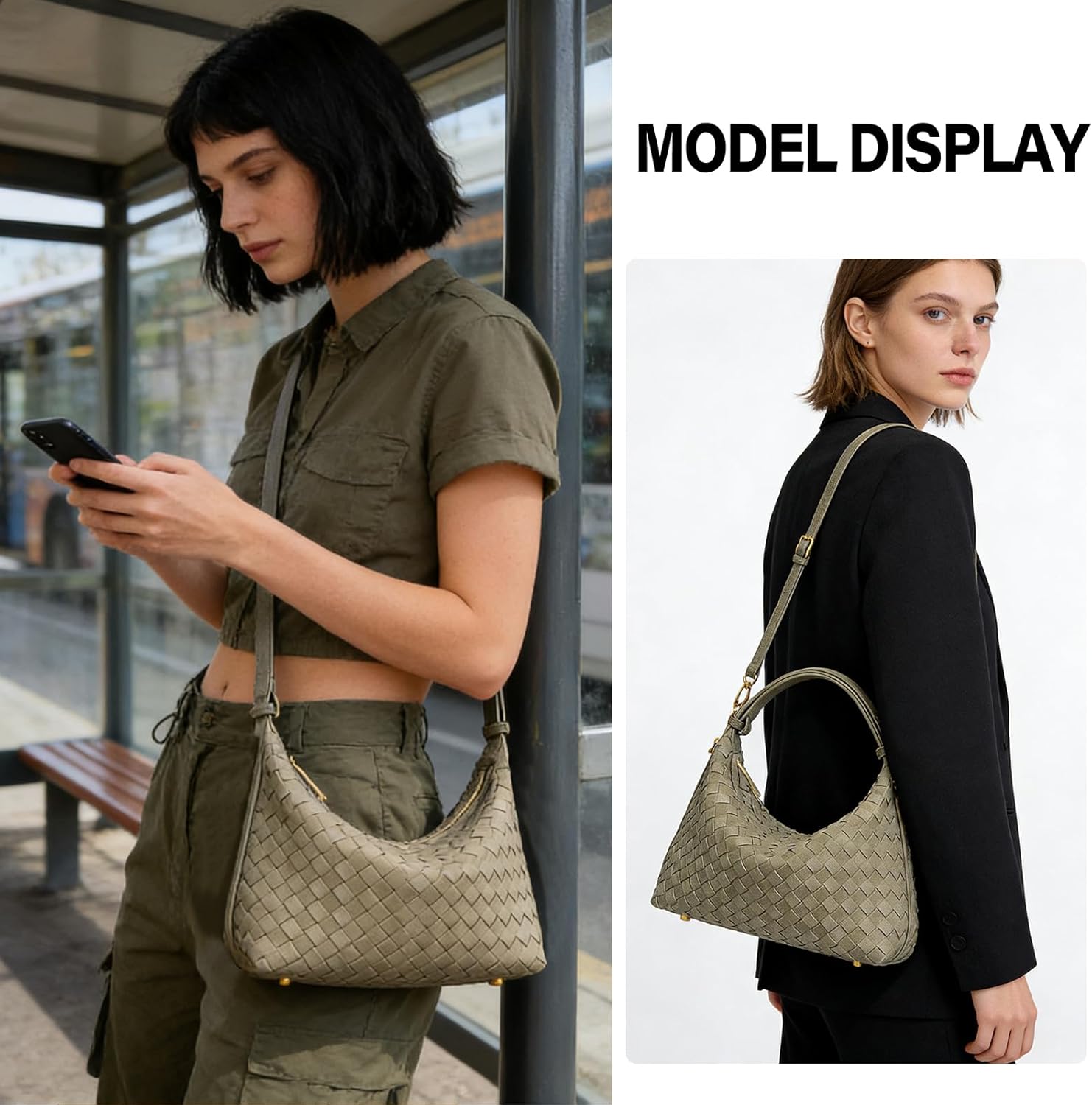 SKYK Suede Hobo Bags for Women Trendy Underarm Shoulder Purse Woven Crescent Crossbody Bag Slouchy Satchel Handbag (Pine Tea)