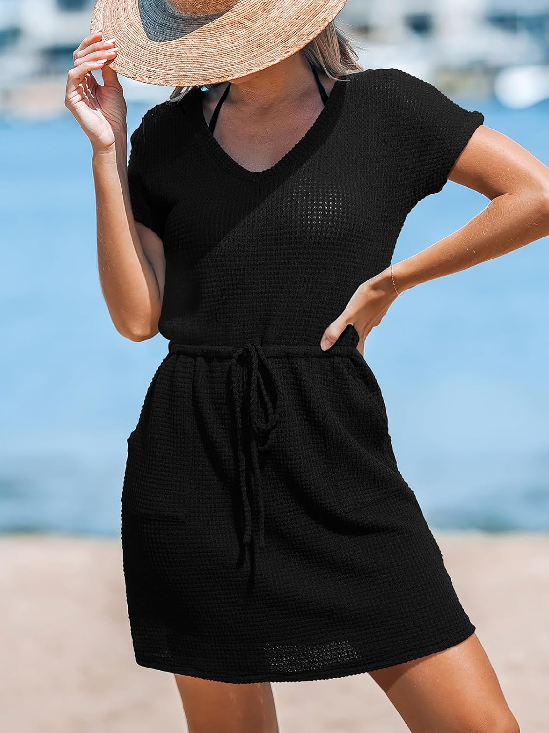 CUPSHE Women's Summer Dresses Waffle Knit V Neck Smocked Waist Beach Swimsuit Coverup Dress with Pockets - Image 5