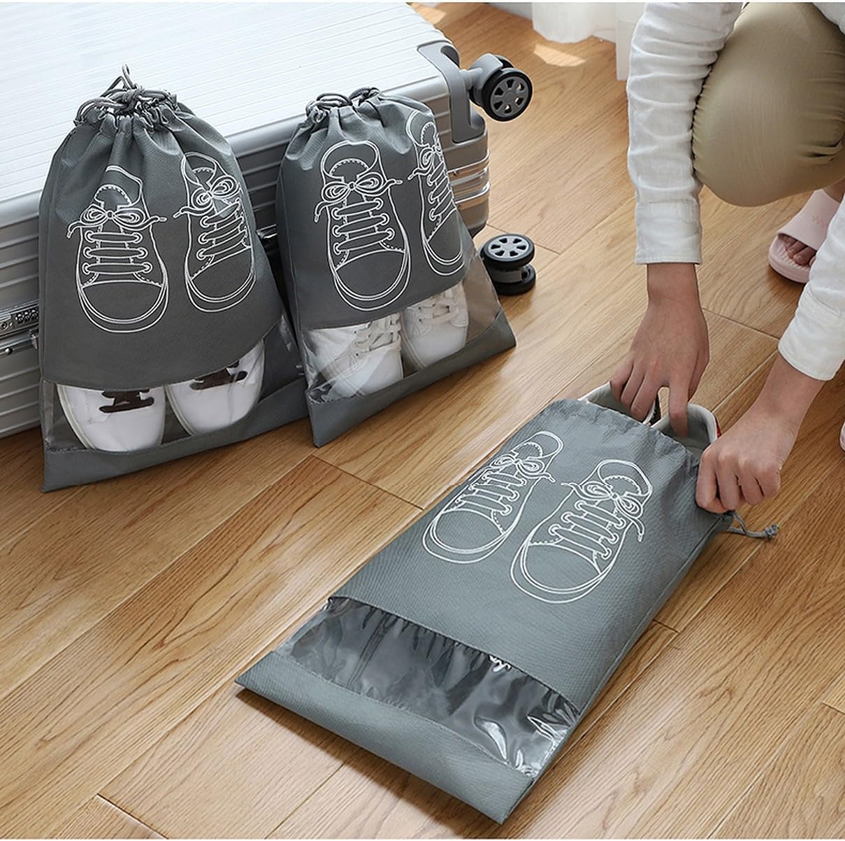 Non-Woven Shoe Bags Pouches Travel Cover for Shoe Storage & Travelling Drawstring Bags Dust Cover Grey (Pack of 5)