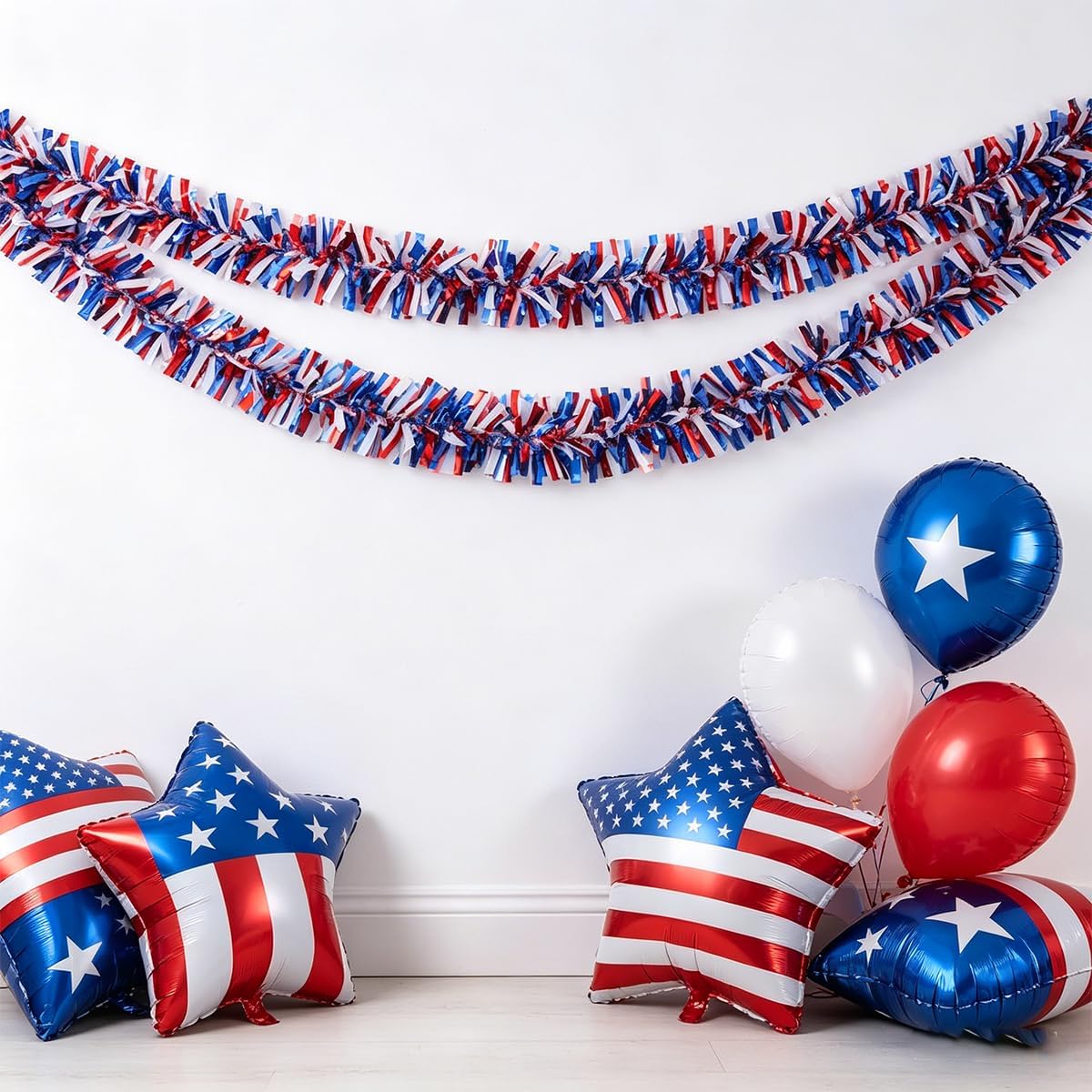 33 Ft 4th of July Tinsel Garland Decorations Glitter Red White and Blue Patriotic Decor Garland for Independence Day Veterans Day Tree Car Parade Float Yard Door Indoor Outdoor Holiday Home