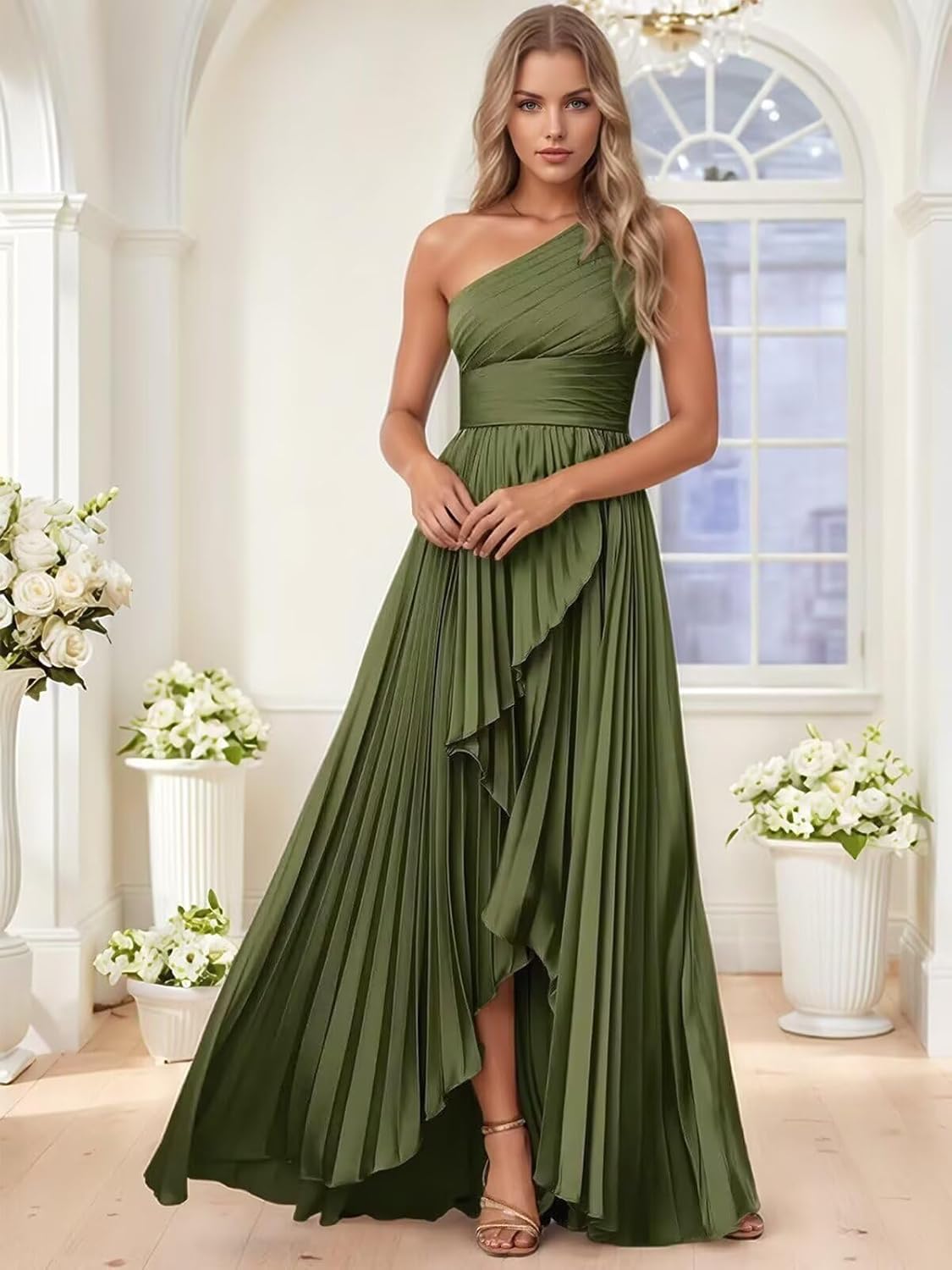 Women's One Shoulder Bridesmaid Dresses with Slit for Wedding Pleated Satin High Low Long Formal Evening Dress - Image 2