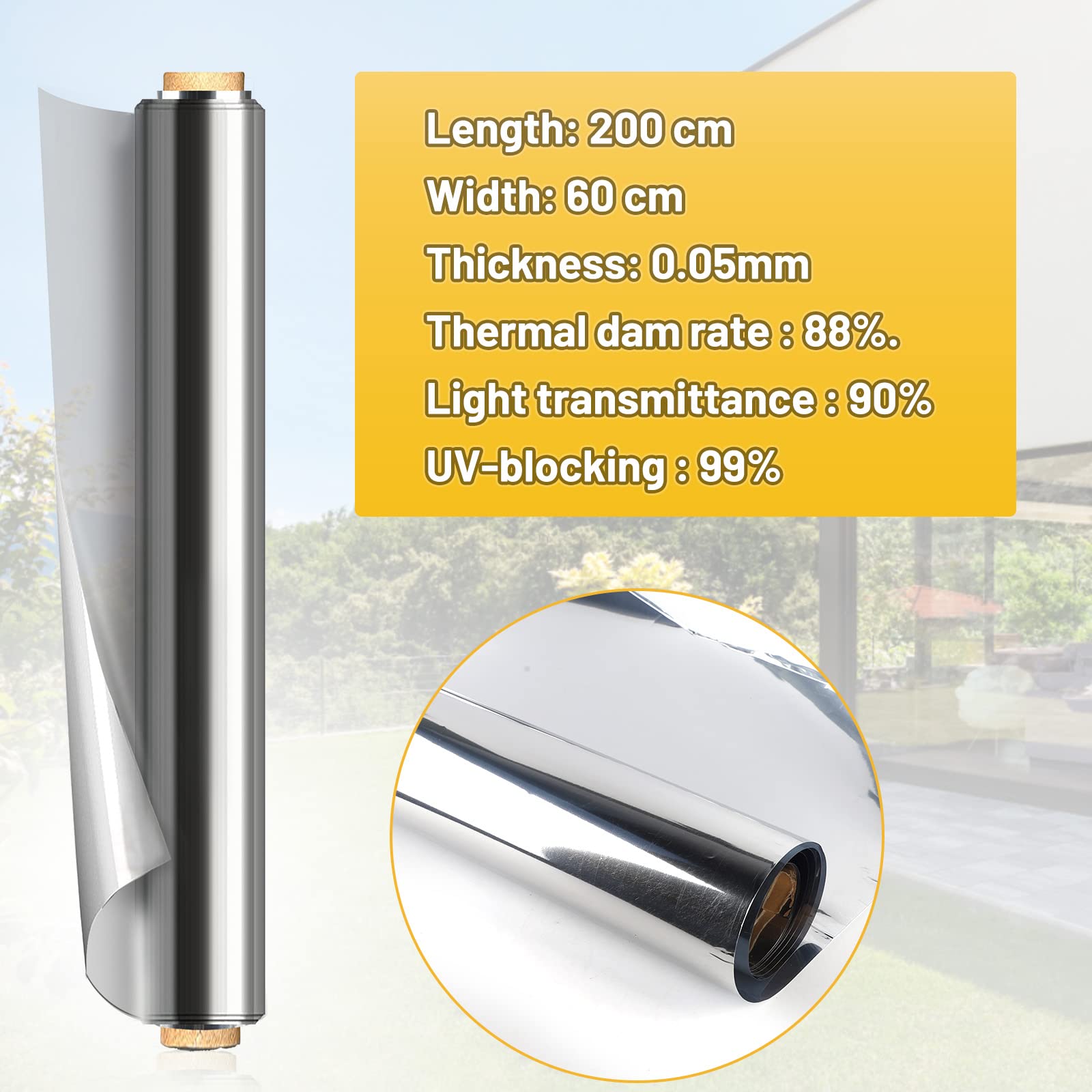 EXLECO 90*400CM Pellicola Oscurante Vetri Pellicola Specchio Oscurante Finestre Autoadesiva Pellicola Privacy Finestre Riflettente Monodirezionale Pellicola Termica per Vetri Finestre Anti-UV Argento