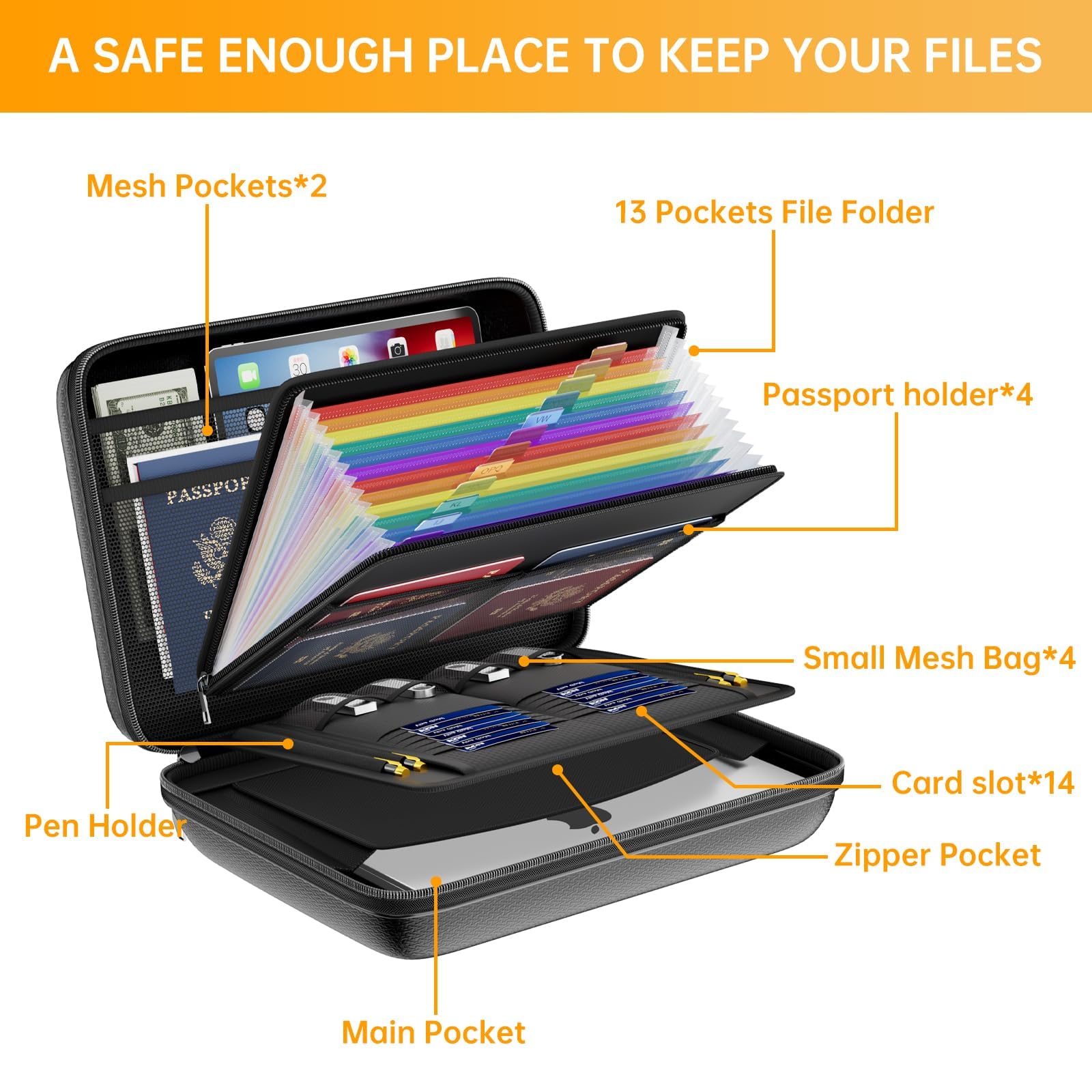 DocSafe Organizzatore per File Resistente al Fuoco con Serratura, Scatola per Documenti in Valigetta, Cartella Espandibile con 13 Tasche, Organizzatore per Documenti Portatile Impermeabile, Cartella