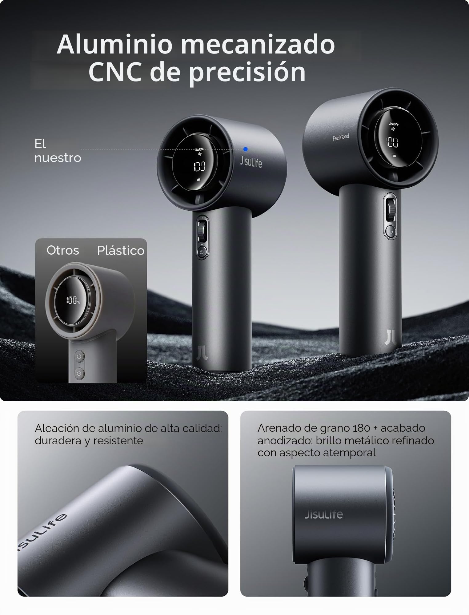JISULIFE Ventilador Portátil de Mano,Mini Ventilador Turbo Ajustable de Velocidad (1-100),Ventilador Personal Recargable de 5000 mAh Con Cuerpo de Metal,Pantalla Digital,Viajes/Al aire libre-Gris