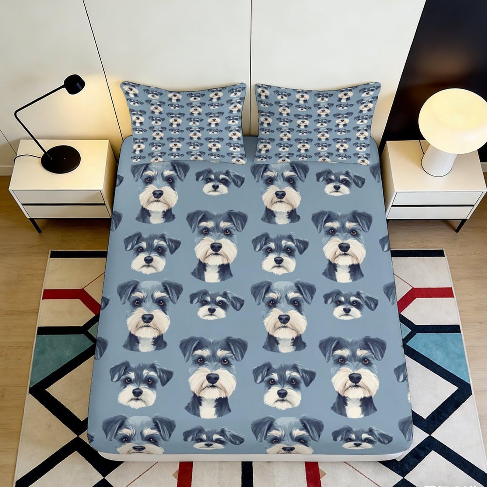 Decorative Schnauzer Fitted Sheet 3D Printed Blue Microfiber Soft Touch, Bedroom Mattress Cover, Apartment Bedding, Easy Care 120x200x25cm