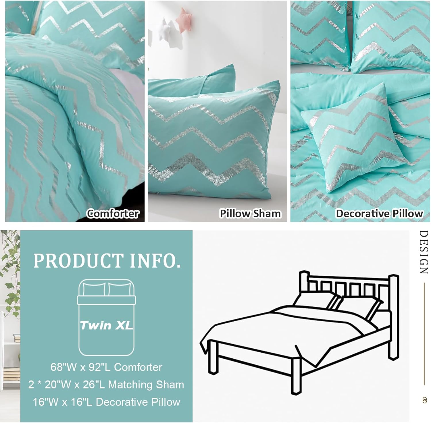 Menghomeus Aqua Comforter Set Twin XL Size Teal and Silver Bed Comforter 3 Piece Lightweight Microfiber Bedding for Teen Girls Boys (2 Pillow Cases + 1 Decorative Pillow Sham)