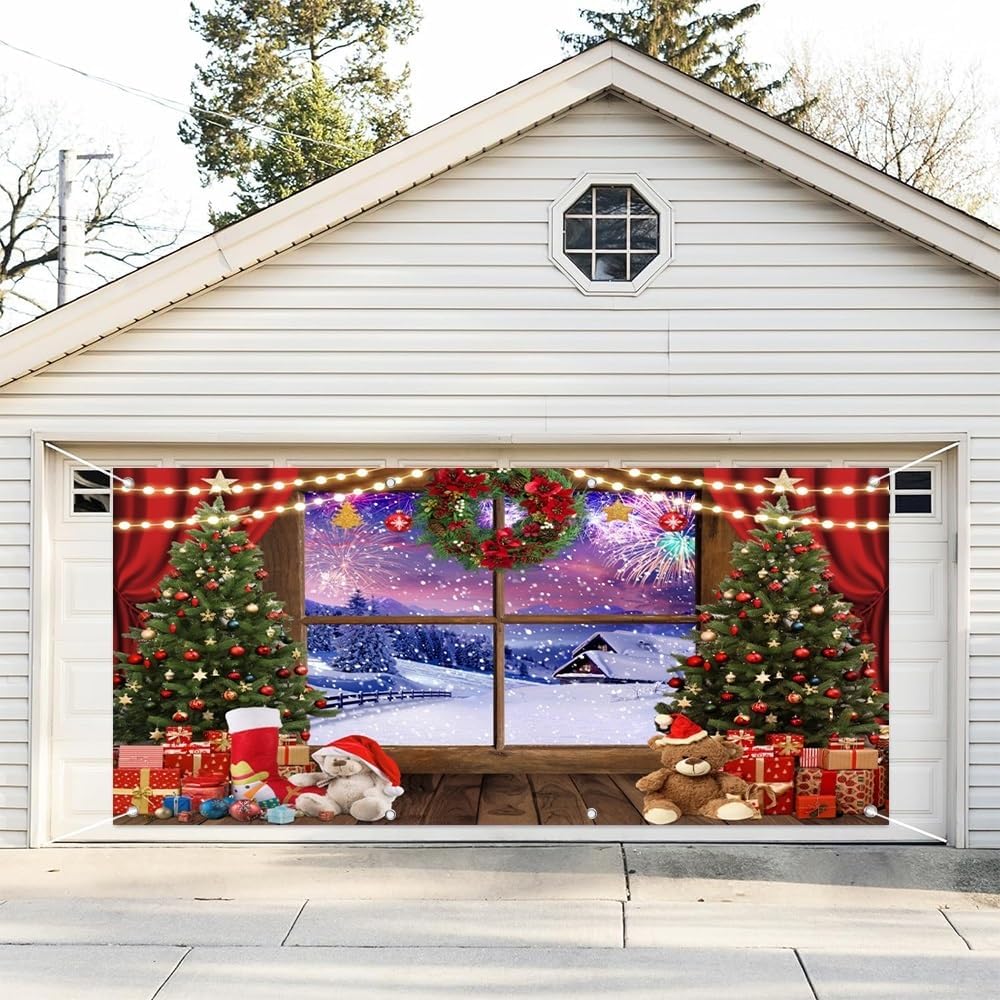 Leyiyi 7x8ft Merry Christmas Garage Door Decoration Banner Rustic Barn Wood Door Xmas Tree Snow Snowflake Winter Snowman Garage Door Backdrop Decoration for Indoor Outdoor Wall Door Photography