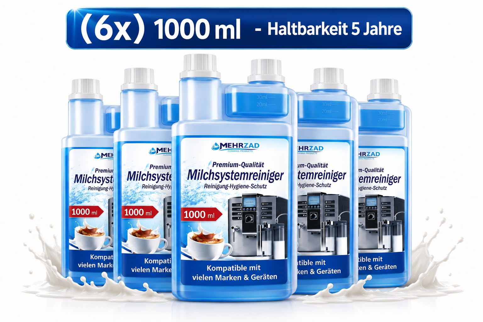 Milchsystemreiniger für Kaffeevollautomaten – 6x 1000ml - kompatibel mit allen Marken & Geräten – professionelle Reinigung – (6000 ml)