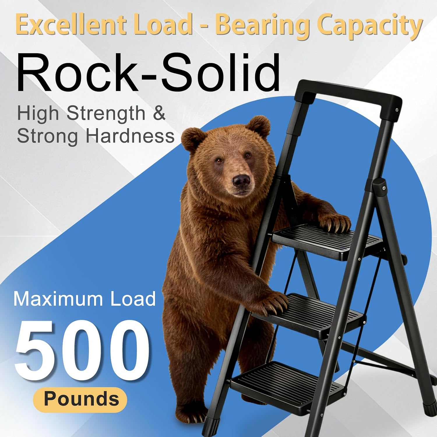 3 Step Ladder with Handrail Folding Step Stool with Tool Tray 500LBS Capacity Sturdy Carbon Steel Frame Anti-Slip Stripe Pedal for Home Kitchen Garage (black-3step)