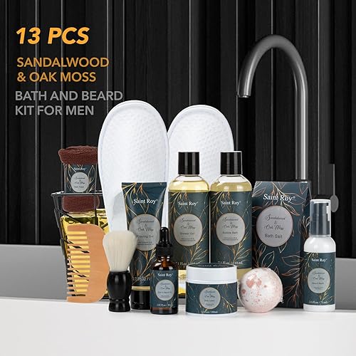 Miniatura 8 de Cesta de regalo de spa para mujeres y hombres, gel de baño y barba de sándalo y musgo de roble para hombres, para el Día del Padre con gel de ducha,