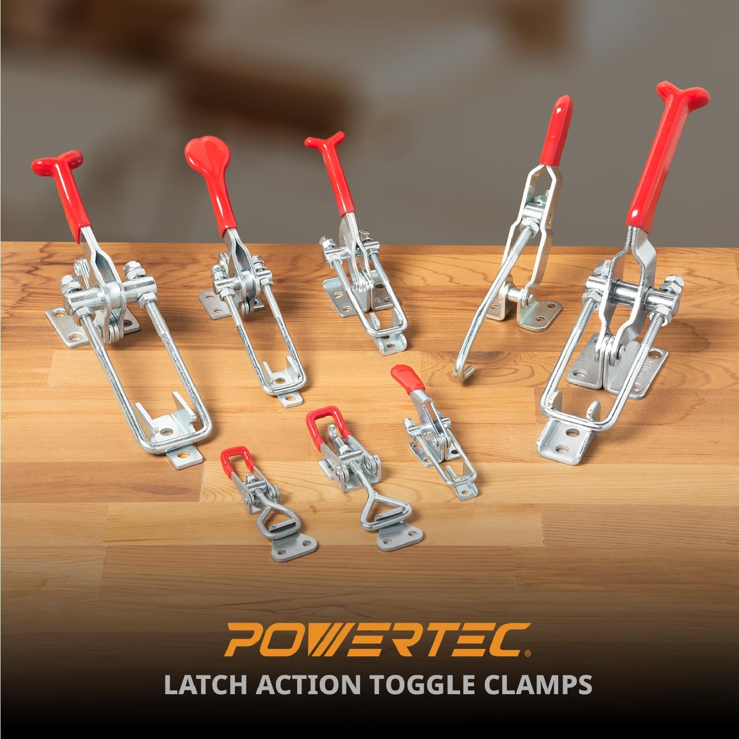 POWERTEC 4PK Toggle Clamp, 1980 lbs Holding Capacity, 40344 Adjustable 90 Degree Vertical U Bolt Latch w/Antislip Hand Grip for Woodworking Jigs & Fixtures, Smoker, Tire Carrier, Tool Box (20324-P4)