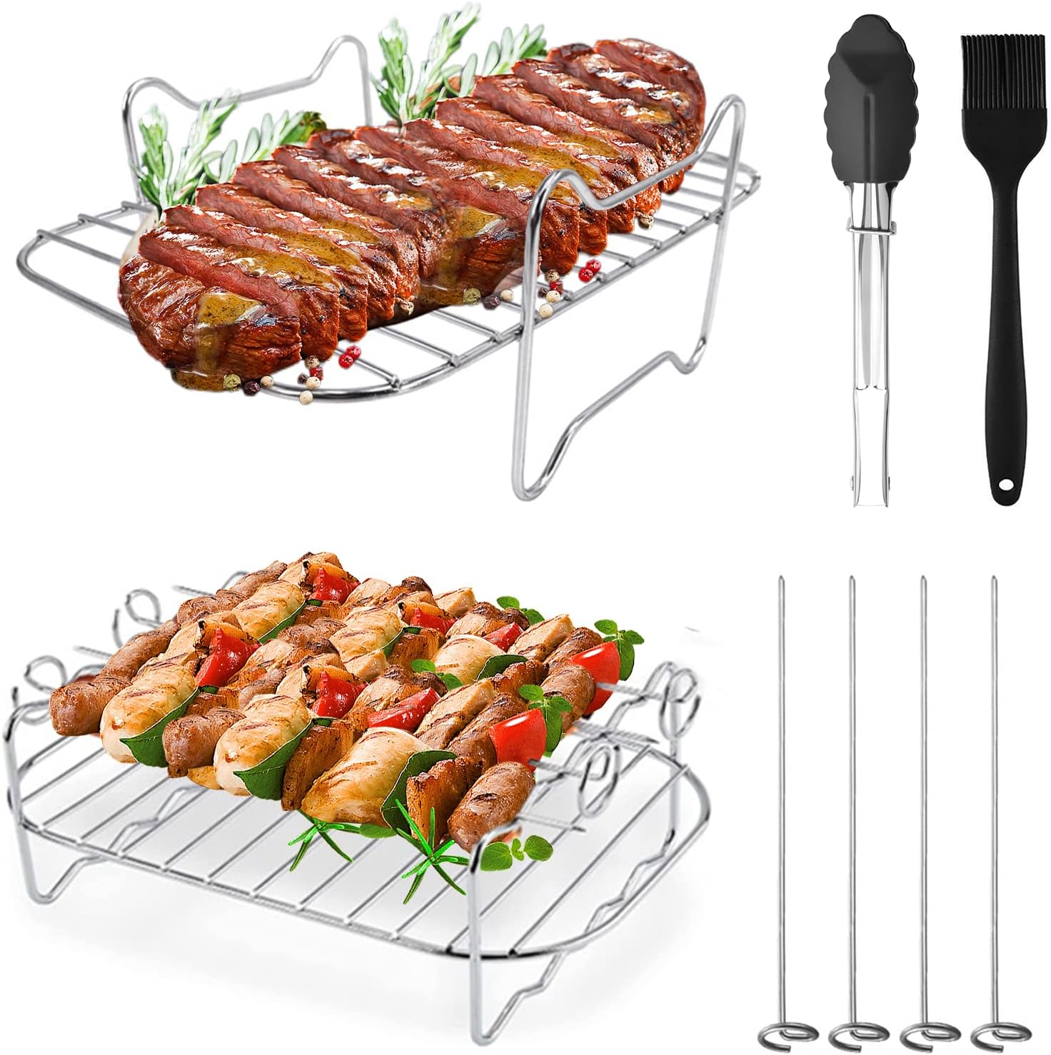 2-teiliges Heißluftfritteuse Zubehör Set - Grillrost & Dämpfaufsatz Mit 4 Spießen