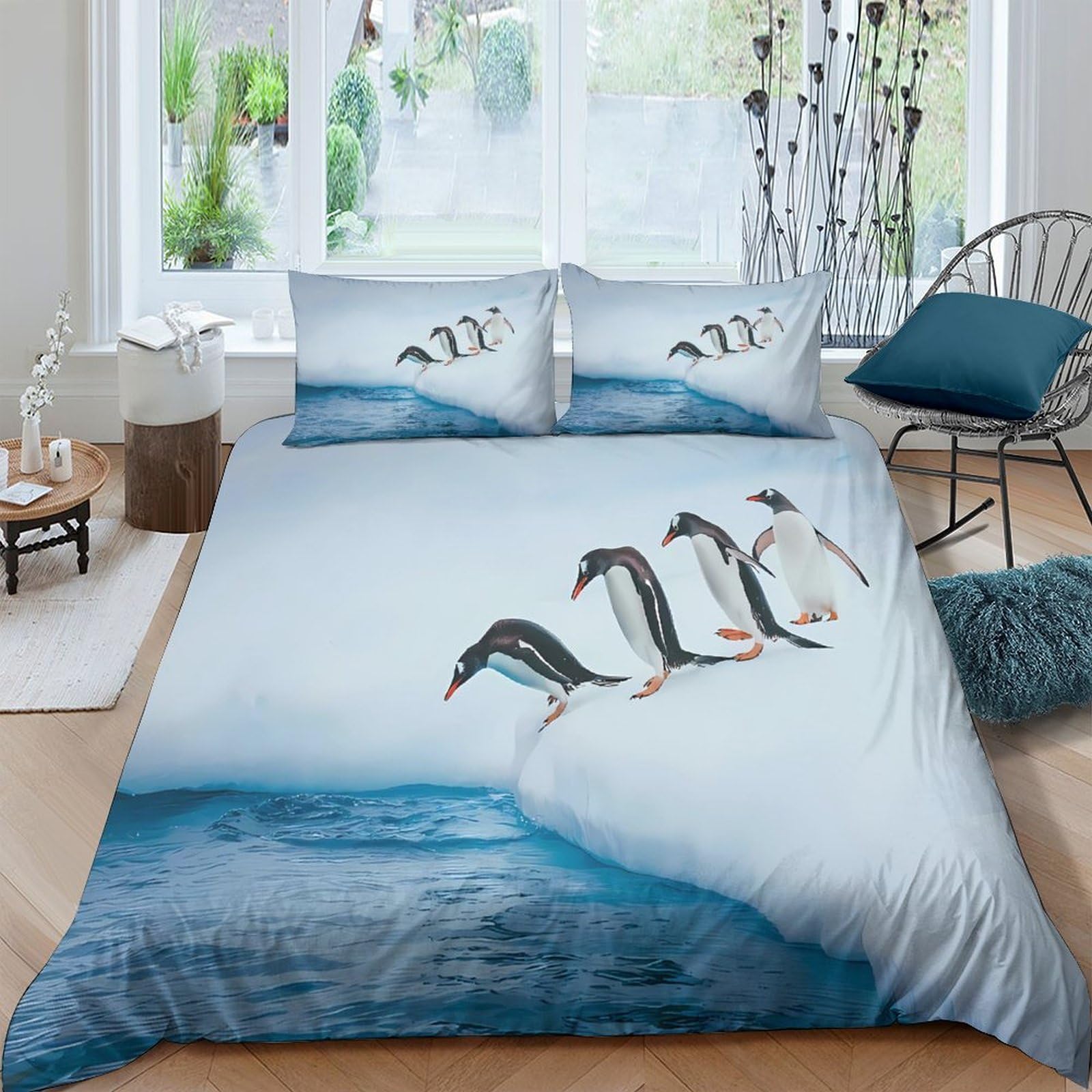 Ctjqhvkz Style-2 3D Printed Penguin Iceberg Fitted Sheet Microfiber Soft Breathable Ocean Bed Cover For Bedroom Dorm Mattress Decor Single（135X200cm）