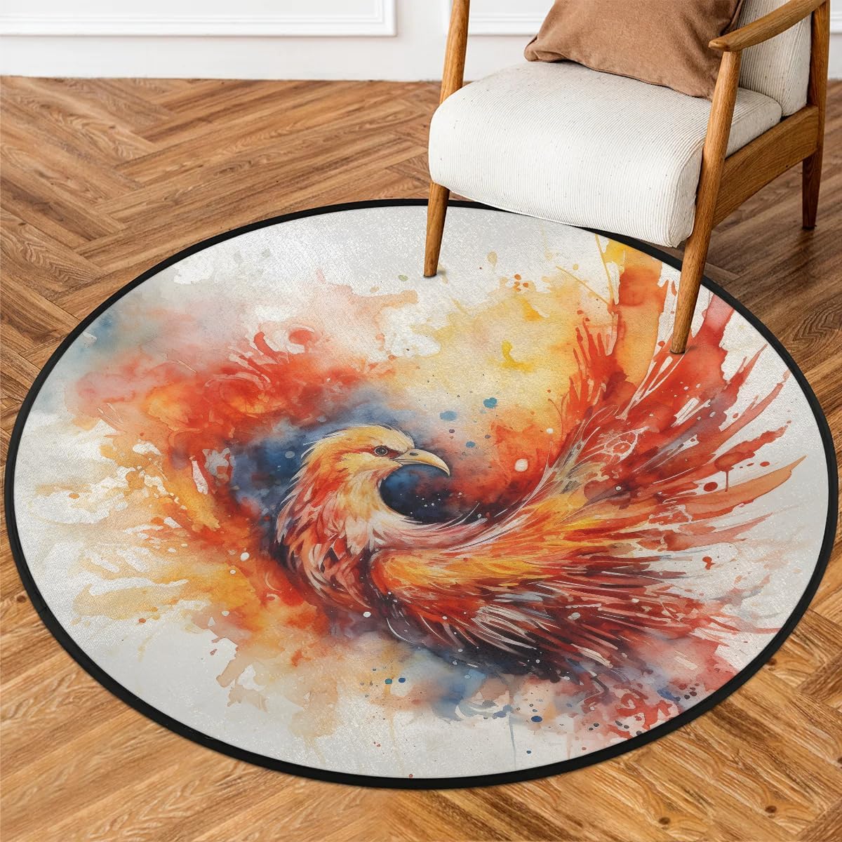 Phoenix Bird Watercolor Round Area Rug 3ft Washable Soft Circle Rugs Non-Slip Indoor Floor Mats Throw Rug Carpet for Nursery Kids Room Living Room Entryway Bedroom Bathroom Decor