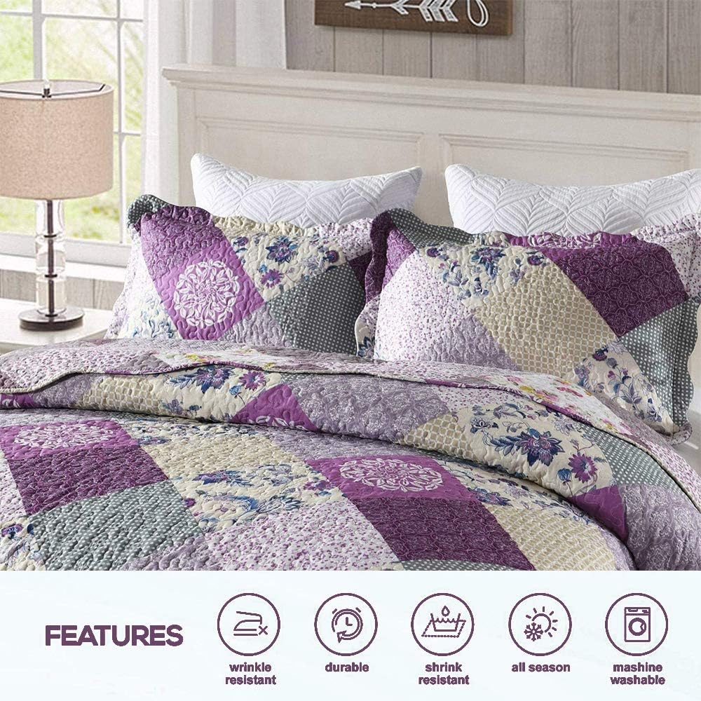 ENJOHOS Purple Patchwork Quilt Queen Size, 3Pc Floral Plaid Queen Bedspread Coverlet Set for All Seasons, Soft Reversible Microfiber Lightweight Bed Cover - Image 2