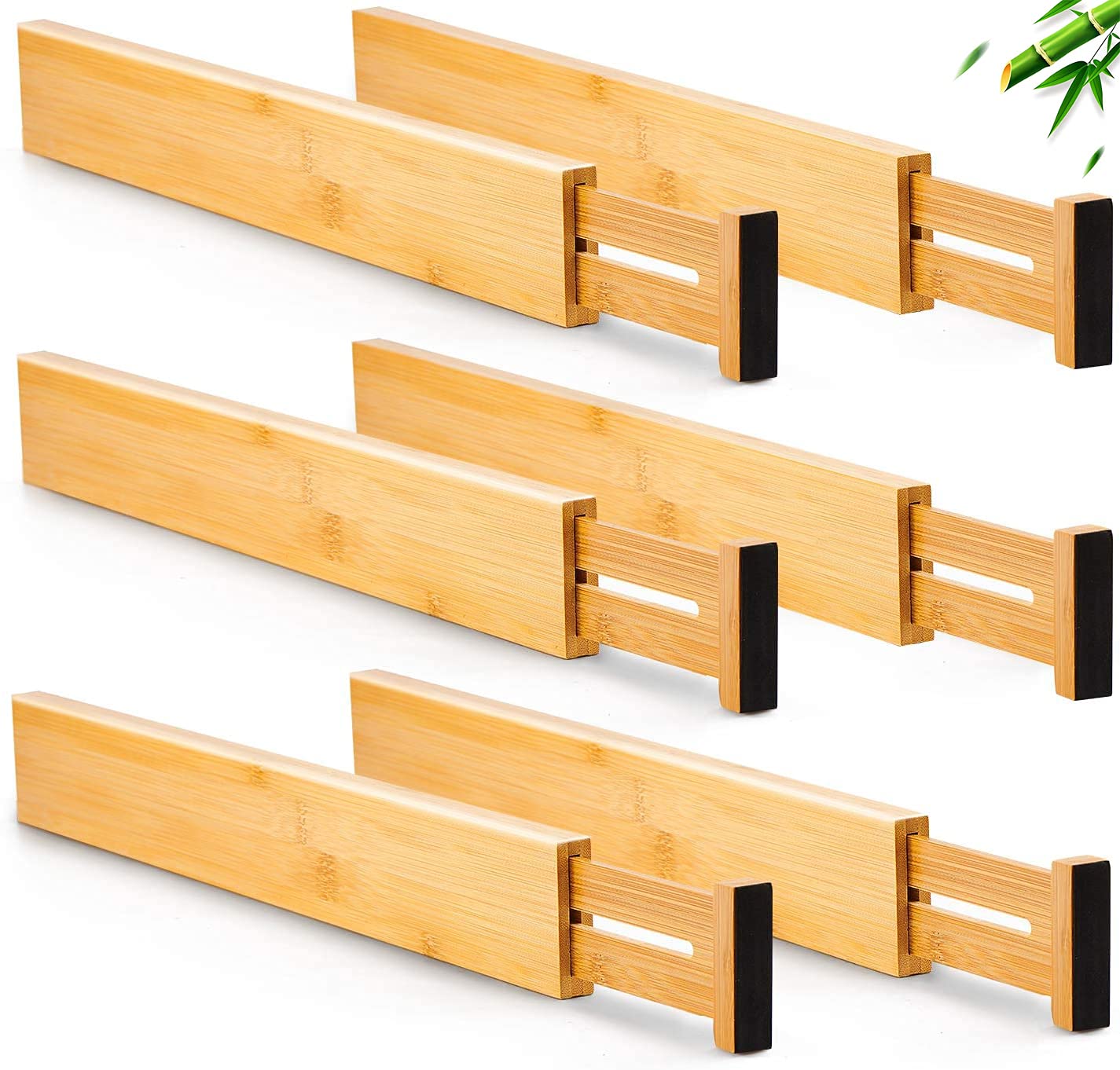 T&Q 4/6 Pack Bamboo Drawer Dividers, Expandable Kitchen Drawer Organizer, Spring Adjustable Kitchen Utensil Drawer Organizer for Kitchen, Dresser, Bedroom, Baby Drawer, Bathroom 43-56 CM (6 Pack)