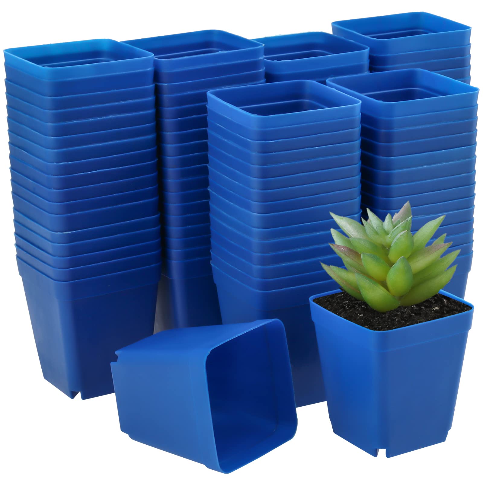 FUNSUEI Lot de 100 pots carrés en plastique de 7,9 cm avec trous de drainage, petits pots de plantation pour germination, transplantation - Bleu