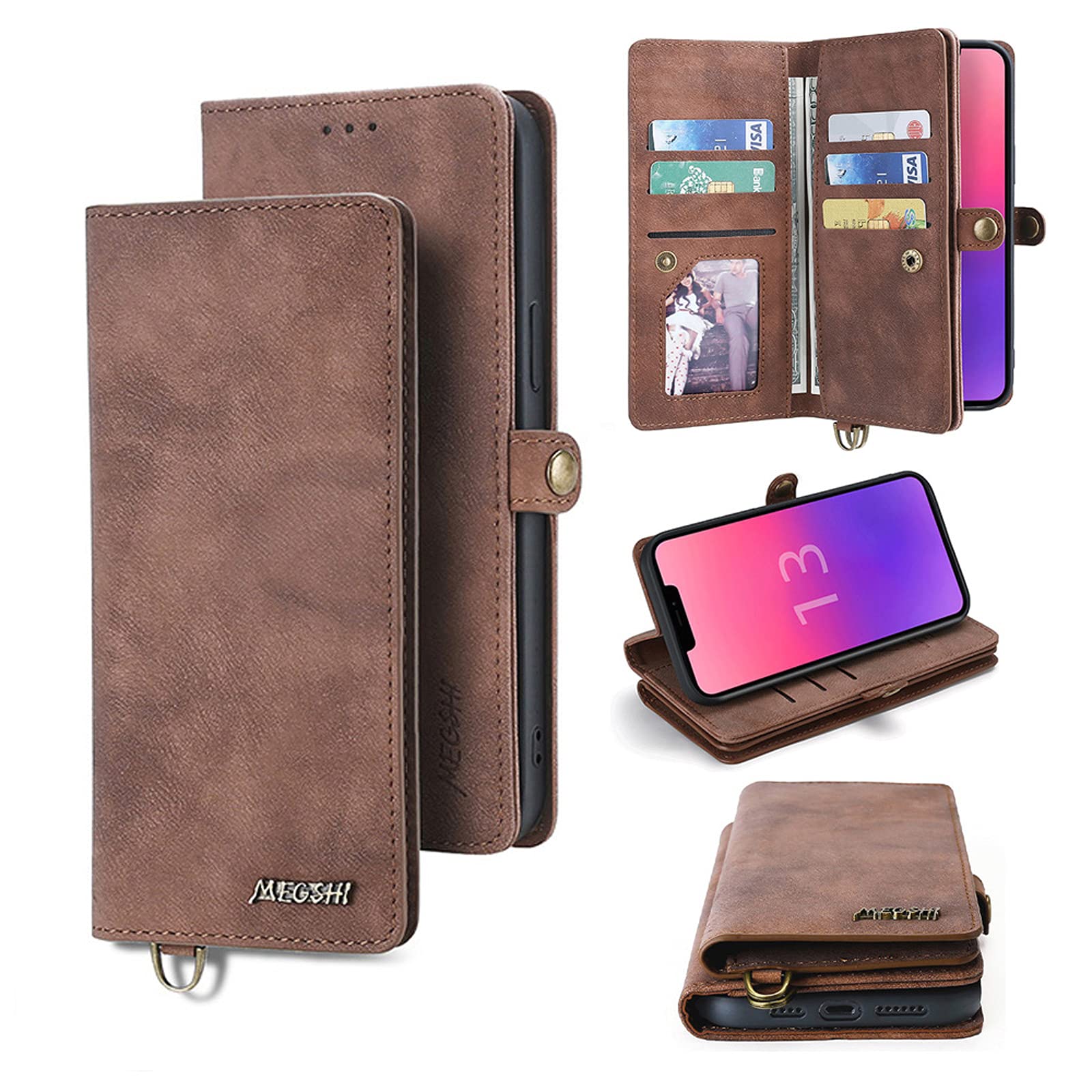 TOHULLE for iPhone 13 Pro Case, 2-in-1 Magnetic Wallet Case Detachable Cover 9 Card Slots Kickstand Wrist Strap Flip Leather Case for iPhone 13 Pro - Coffee Brown