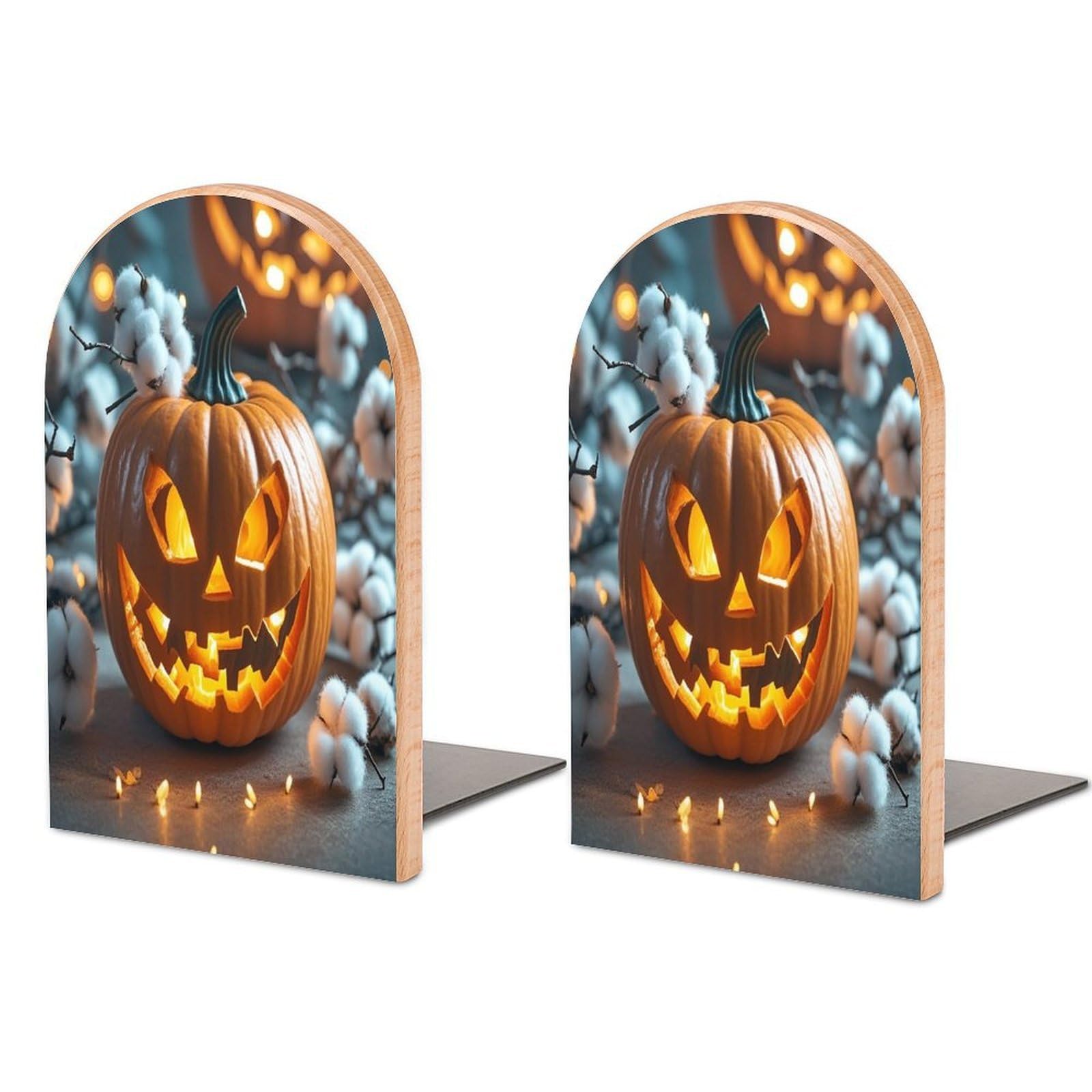 Pumpkin Lantern Bookend for Shelves Non-Skid Book Holder Modern Heavy Duty Bookend Stopper Metal Base Wood Book End Books Shelf Holder Home Decorative 1pair 5x3.9x3.1
