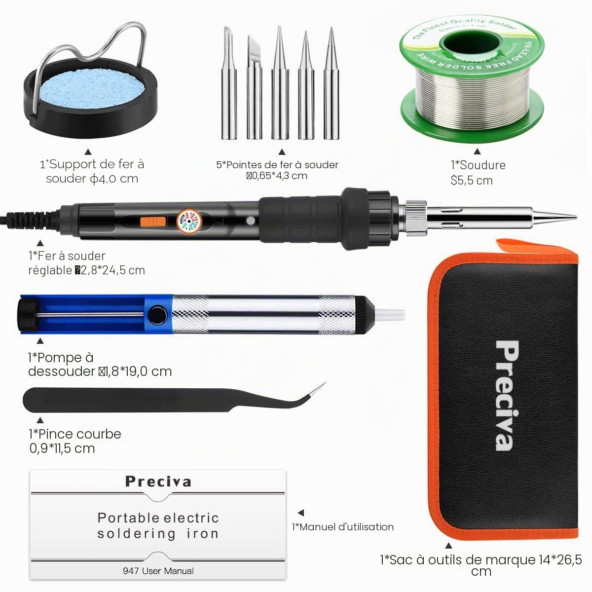 Preciva 11 in 1 Fer à Souder Set, 60W Température Réglable 220~480℃, 5 Pannes à Souderage, 1 Pince, Barre de Soudure avec ON/OFF pour la Maintenance Electrique (Noir)